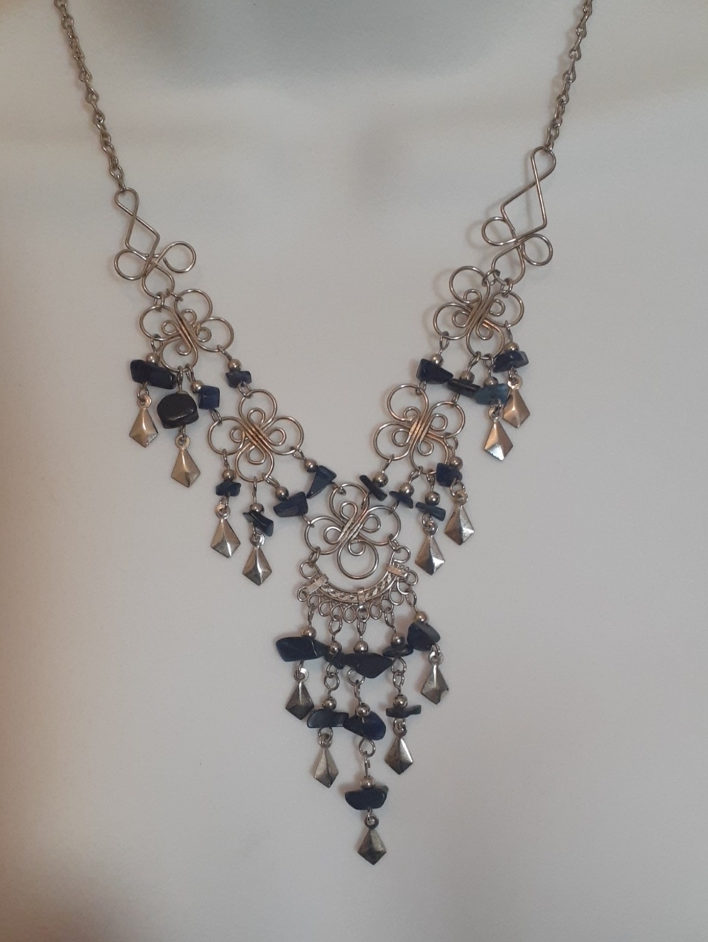 Silver-Tone Floral Filigree Necklace with Dark Blue Accents